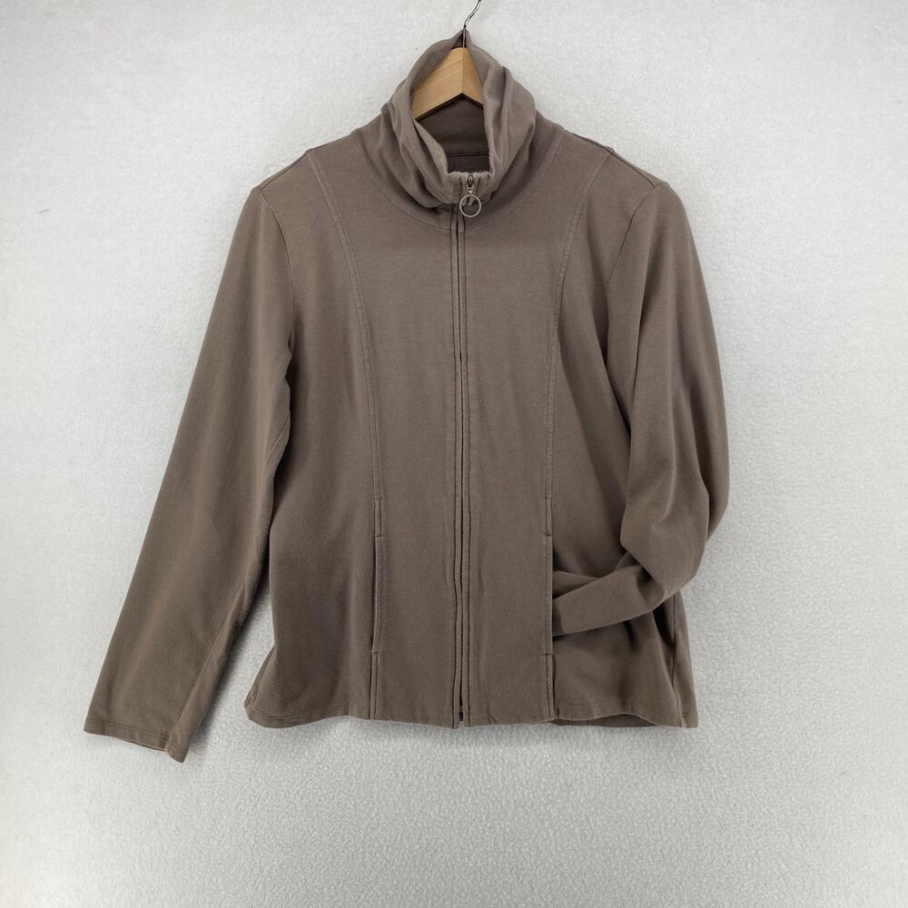 EILEEN FISHER Jacket S Organic Cotton Stretch Jersey 2 Way Zip Mock Brown USA